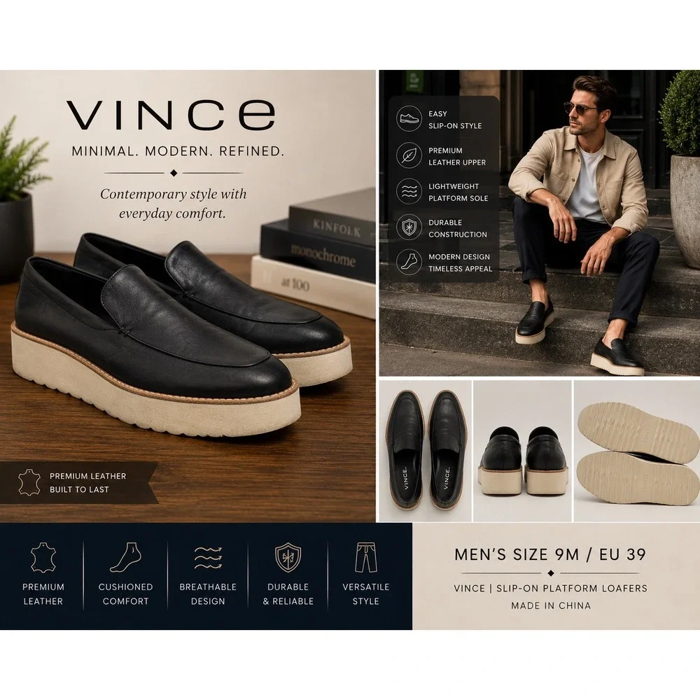 Vince Men's Black Leather Slip-On Platform Loafers Size 9M / EU 39